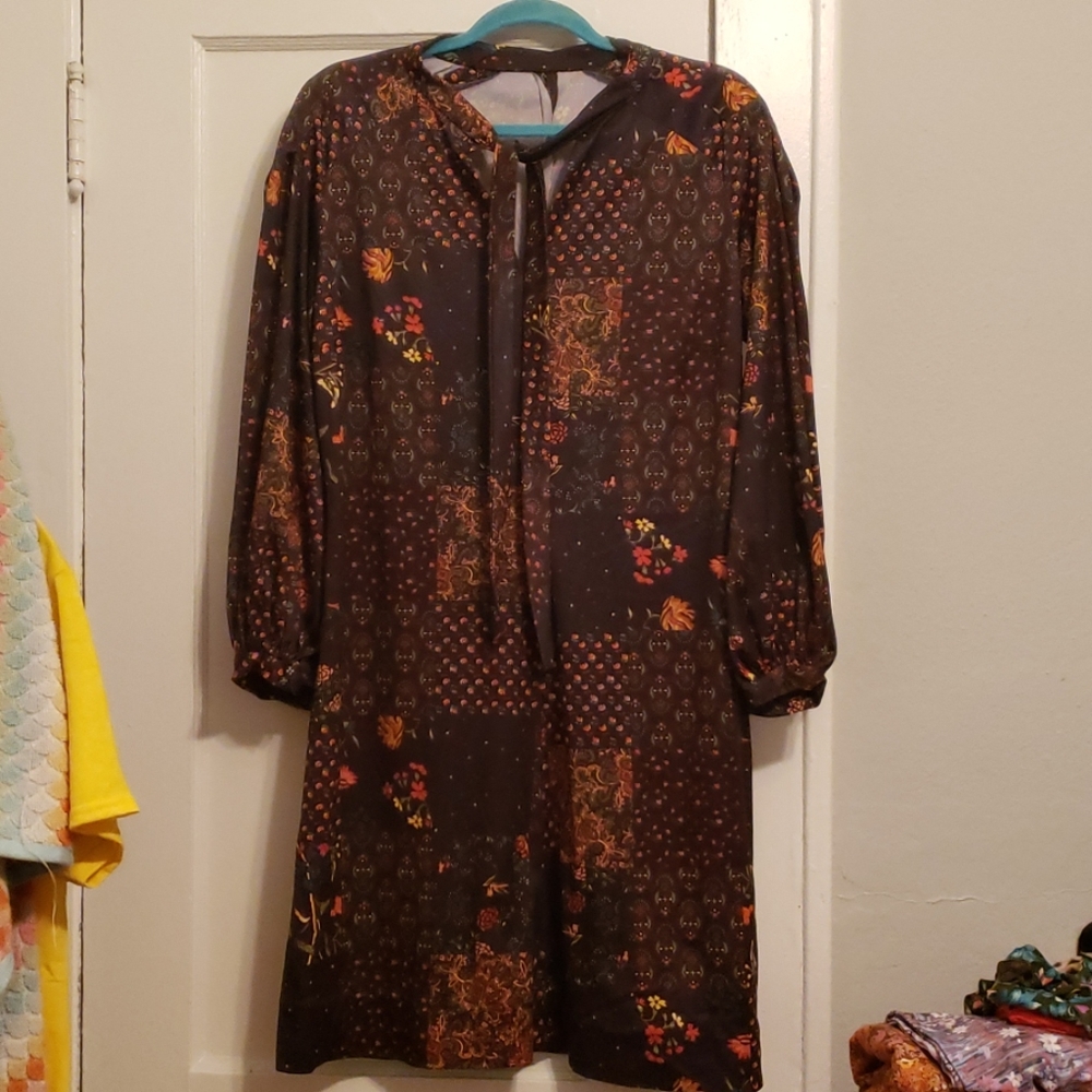 Vintage Long-Sleeved Dress w/Faux Patchwork Design